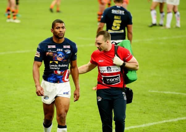 Kallum Watkins walks from the pitch at Magic Weekend after sustaining what it later transpired was an anterior cruciate injury. Picture: Simon Wilkinson/SWpix.com
