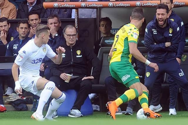 Leeds United head coach Marcelo Bielsa watches from the sidelines at Carrow Road.
