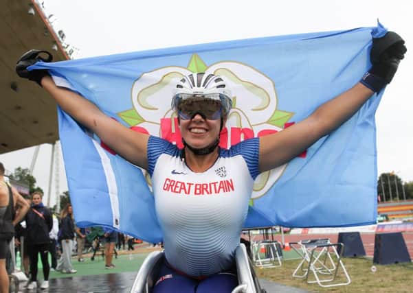 Hannah Cockroft: Drapes herself in a Yorkshire flag after victory in Berlin. (Picture: Ben Booth Photography)