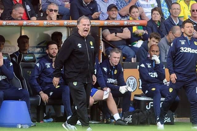 Marcelo Bielsa barks orders at his players at Norwich City.