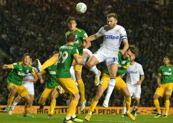 Stuart Dallas gets to a corner ball.
Leeds United v Preston North End. Carabao Cup.  Elland Road.
28 August 2018.  Picture Bruce Rollinson