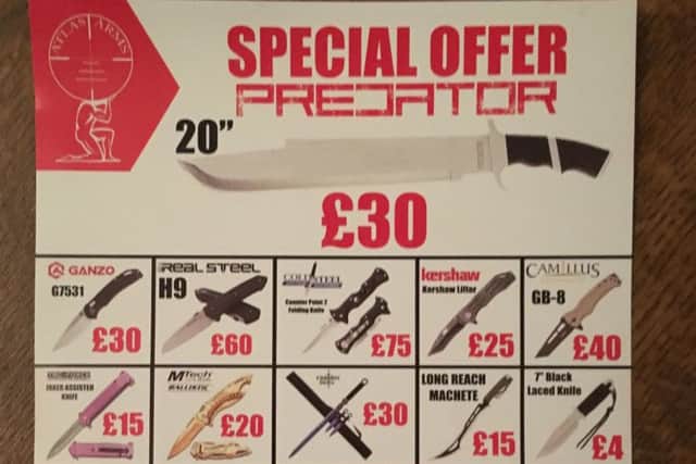 The advert for knives sold by firearms dealer Atlas Arms, which has been banned amid concerns about mounting violent crime. PIC: PA