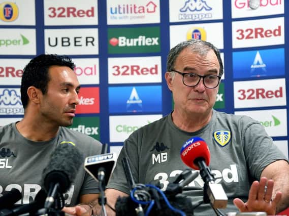 Leeds United head coach Marcelo Bielsa, right, pictured with translator Salim Lamrani.