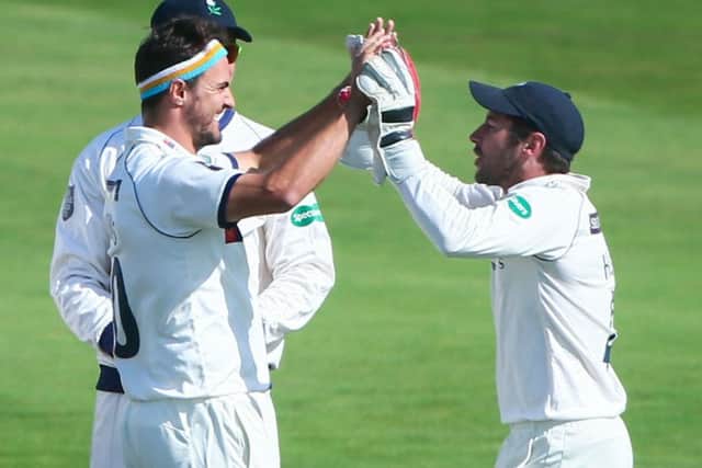 Yorkshire's Jack Brooks celebrates with Andrew Hodd after taking the wicket of Somerset's Tom Abell (Picture: Alex Whitehead/SWPix.com)