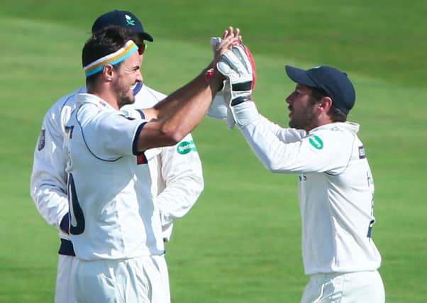 Yorkshire's Jack Brooks celebrates with Andrew Hodd after taking the wicket of Somerset's Tom Abell (Picture: Alex Whitehead/SWPix.com)