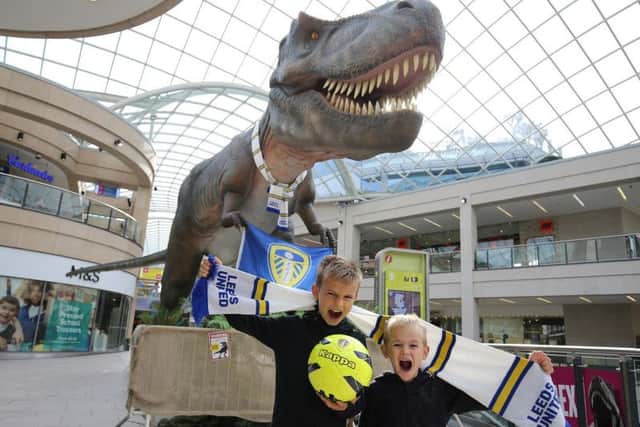 Marching on with T-Rex: Leeds United season ticket holder Arthur Brown-Nasey, 10, with younger brother Alfie, 7, in Trinity Leeds, roaring on the Whites ahead of Fridays big match with Middlesbrough
