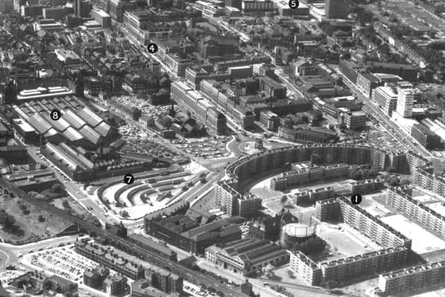 Filer aerial of Leeds.
1; Quarry Hill flats,
2; Town Hall.
3; Civic Hall.
4; Odeon Cinema, Headrow.
5; Merrion Centre car park.
6; New Inner ring road.
7; Central Bus Station.
7; Market area.