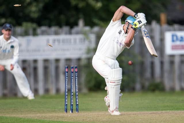 Beckwithshaws Sam Baxter being bowled by Sam Fox of Otley. PIC: John Heald