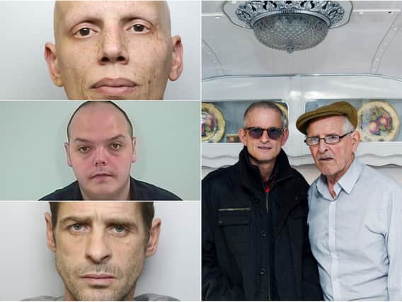 Left: The three men jailed for 40 years and right, the two victims hit with hammer and axe raiders