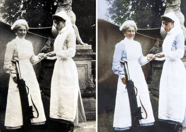Rare photographs from the First World War's first country house hospital, Wrest Park in Bedfordshire, have been converted to colour to help identify the "forgotten" nurses who served there. PIC: PA