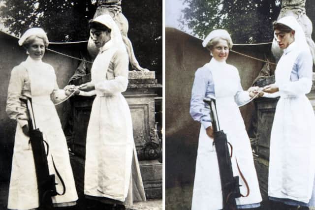 Rare photographs from the First World War's first country house hospital, Wrest Park in Bedfordshire, have been converted to colour to help identify the "forgotten" nurses who served there.  PIC: PA
