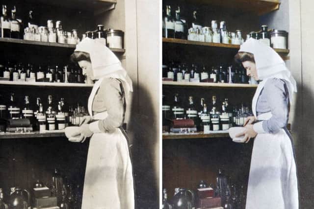 Rare photographs from the First World War's first country house hospital, Wrest Park in Bedfordshire, have been converted to colour to help identify the "forgotten" nurses who served there.  PIC: PA