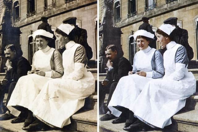 Rare photographs from the First World War's first country house hospital, Wrest Park in Bedfordshire, have been converted to colour to help identify the "forgotten" nurses who served there.  PIC: PA