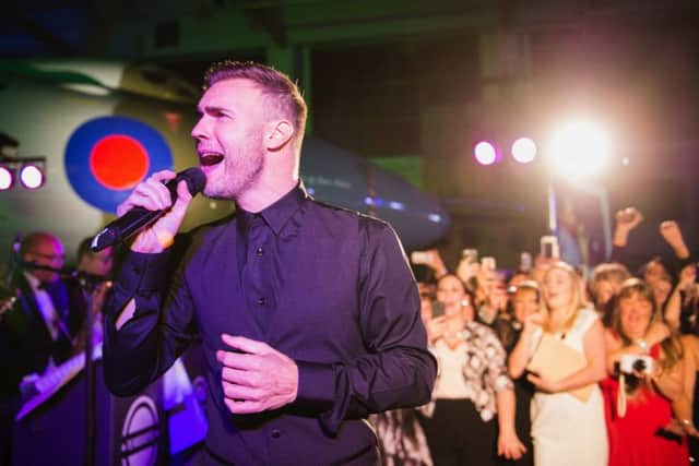 Gary Barlow performs a one off gig under the Vulcan Bomber at Doncaster Airport