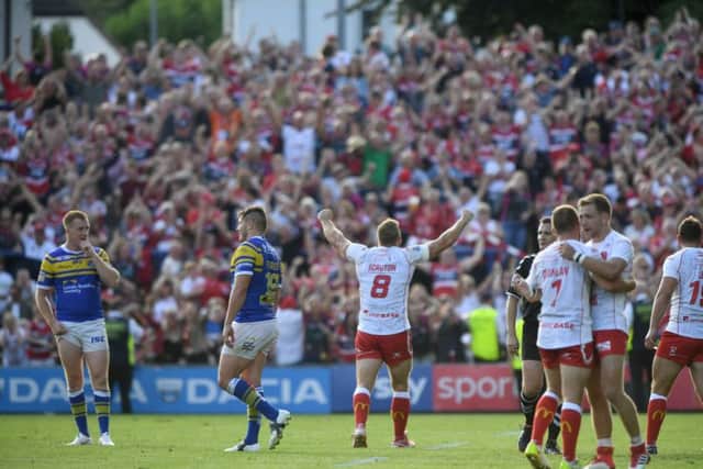 Hull Kingston Rovers celebrate thier win over Leeds Rhinos in front of their travelling fans. Picture: James Hardisty.