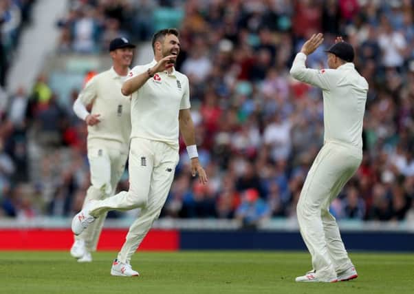 England's James Anderson celebrates the wicket of India's Ajinkya Rahane. Picture: Steven Paston/PA