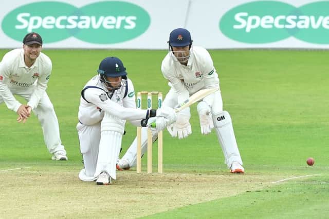 Tom Kohler-Cadmore sweeps to the leg side. Picture: Simon Wilkinson/SWpix.com