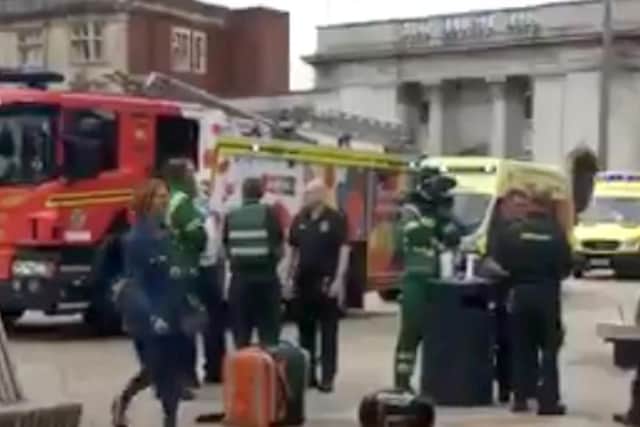 Police and emergency services on King Edward Street, Hull, after a man with a "bladed weapon" attempted to start a fire in a bank. Photo: Jaden Boyle/PA Wire