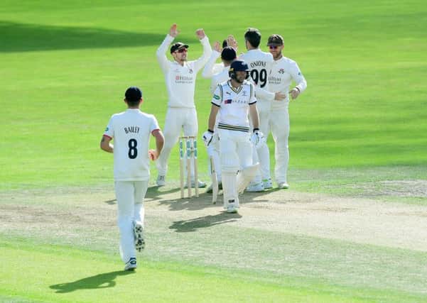 Yorkshire's Adam Lyth trudges off after being dismissed by Lancashire's Graham Onions in his side's second innings. Picture: Jonathan Gawthorpe.