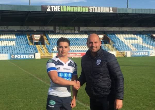 Dakota Whylie is welcomed by general manager Davide Longo after signing for Featherstone Rovers on a one-year deal for 2019.