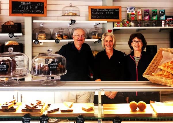 The new-look Bramhope Village Bakery: Coun Barry Anderson, manager Sally Kenny, Coun Caroline Anderson.
