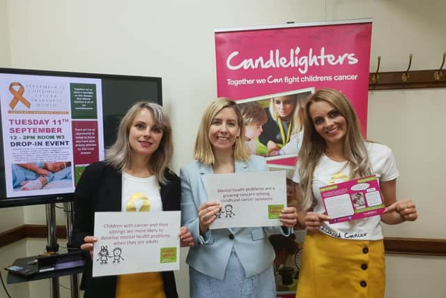 Clare Boitelle is pictured (left) with Andrea Jenkyns MP (centre) and Natalie Kisby, head of family support at Candlelighters.