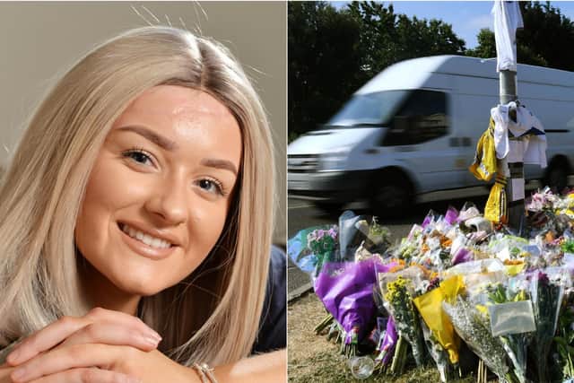Robyn Hoban, left, and the flowers left to her four friends killed in the crash