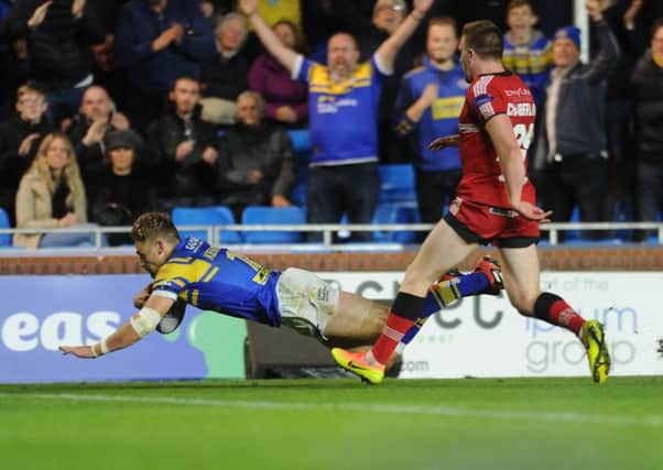 Jimmy Keinhorst scores leeds' second try in the win over Salford.
