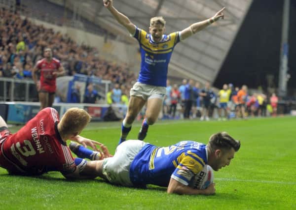 Tom Briscoe scores his second try against Salford.