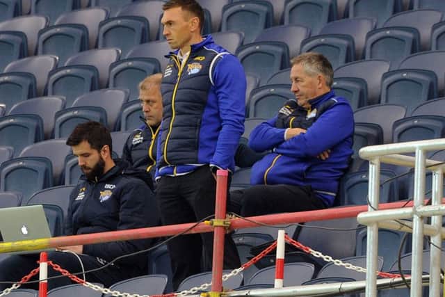 Leeds 
Rhinos director of rugby Kevin Sinfield watches from the stand at Headingley.