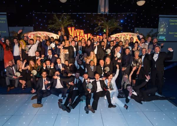 Date: 12th March 2018.
Picture James Hardisty.
10th Oliver Awards, held at Centenary Pavilion, Elland Road, Leeds.
Pictured All the winners celebrating on stage at the end of the evening.