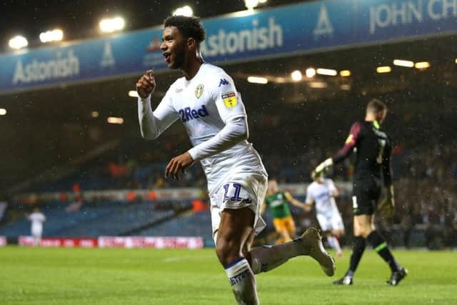Tyler Roberts celebrating his first goals for Leeds United on Tuesday night. PIC: Nigel French/PA Wire