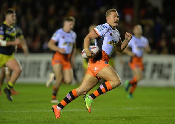 Castleford's Greg Eden scores his third try aganst Wakefield Trinity.