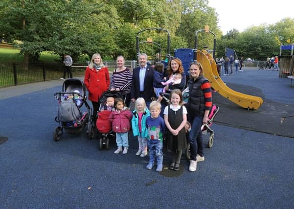 GREAT EFFORT: Fundraising mums Sara Dawson, second right, and Petra Smith, right, with Richard Critchley, chairman of FoRP, centre, pictured with mums using the park, left.  PIC: Simon Hulme