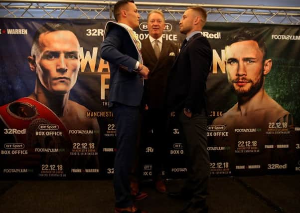 Josh Warrington (left) and Carl Frampton pose during the head to head after the press conference at Grosvenor House, London. (Picture: Steven Paston/PA Wire)