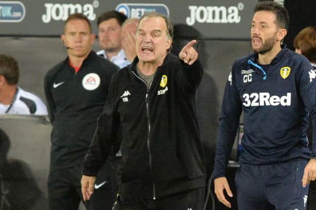 Leeds United boss Marcelo Bielsa off his bucket. Picture: Bruce Rollinson
