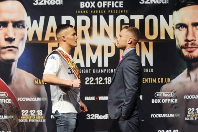 Josh Warrington and Carl Frampton square up at their press conference at the Carriageworks in Leeds. Picture:  Simon Hulme
