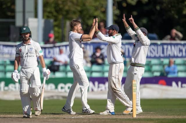 Ben Coad celebrates the wicket of Worcestershire's Alex Milton at New Road. Picture courtesy of John Heald.