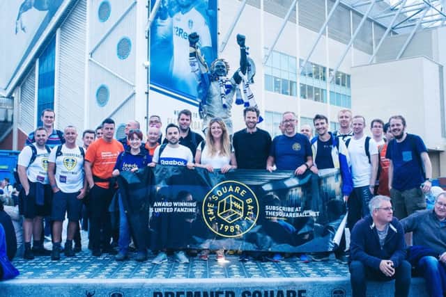Leeds United fans at the end of the Square Ball fundraising walk.