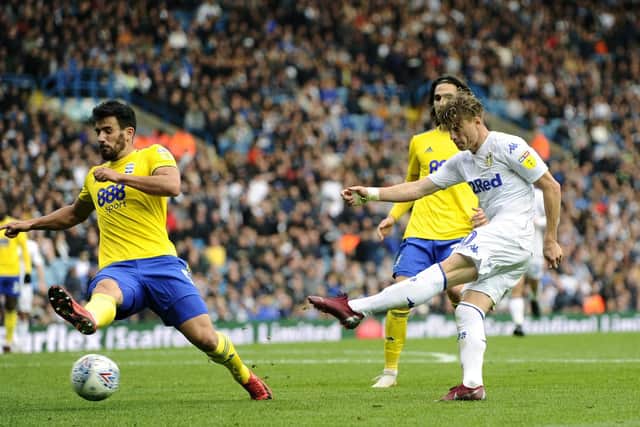Ezgjan Alioski scores for Leeds United against Birmingham City.