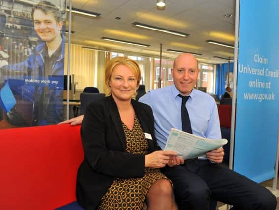 Gill Hall, senior operations leader at the Harrogate Jobcentre, with Chris Joyce, customer service leader.