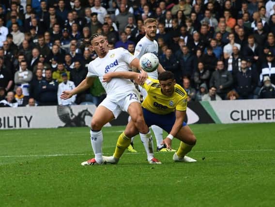 Kalvin Phillips scraps for the ball during Leeds United's 2-1 defeat to Birmingham City. The midfielder has retained his place for tonight's game at Sheffield Wednesday.