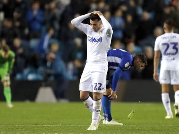 Leeds United winger Jack Harrison reacts at full-time following the 1-1 draw.