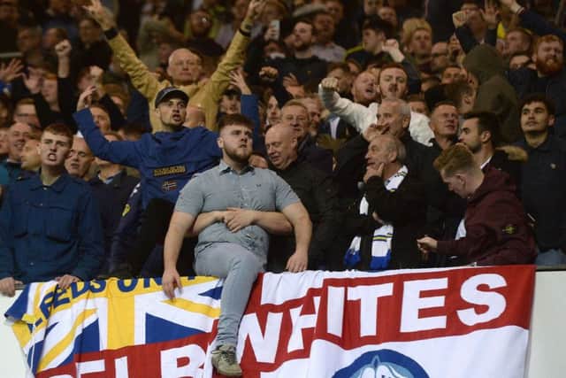 Leeds United fans celebrate their equaliser at Sheffield Wednesday.