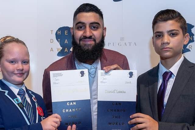 Leeds award winners Leigh-Taylor Arundale and Daniel Iancu, with special guest Musharaf Asghar, who starred on Channel 4 series Educating Yorkshire.