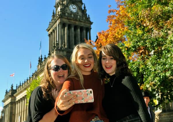 SELFIES AND THE CITY: Bloggers Claire Sturzaker and Lauren Gallagher and Jenny Lippmann at Leeds Town Hall. PIC: James Hardisty