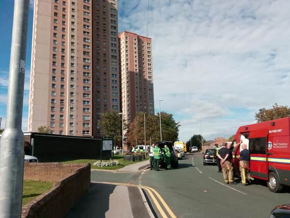 Emergency services at the scene of the fire at Cottingley Towers
