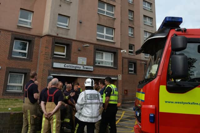 Scence of fire in Tower block, Cottingley Towers, Leeds.
1 October 2018.  Picture Bruce Rollinson