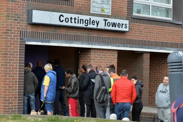 Scene of fire in Tower block, Cottingley Towers, Leeds.  Residents wait to re-enter the building.
1 October 2018.  Picture Bruce Rollinson