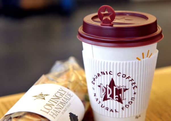 Branded cups and sandwich in a Pret A Manger store. Pic: Nick Ansell/PA Wire